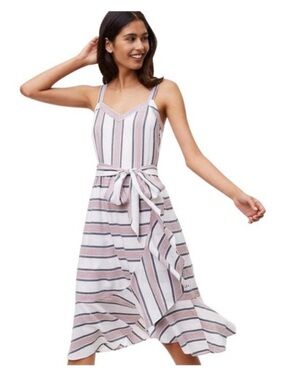 Loft Striped Red & White Tie-Waist Midi Dress